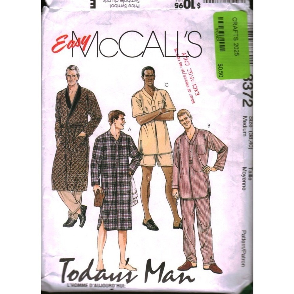 McCalls 8372 Mens‎ Robe Nightshirt Pajamas Sewing Pattern Size Medium 38-40 1996